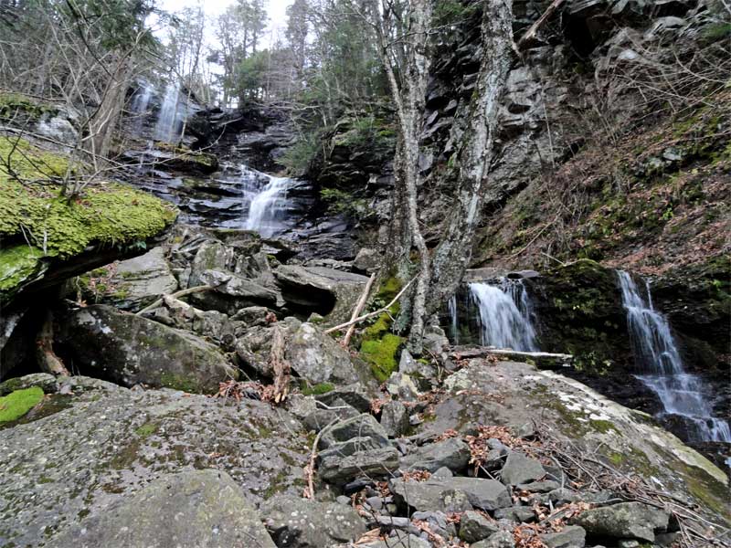 first 3 drops of Buttermilk falls in the kaaterskill clove in the catskill mountains at moderate water