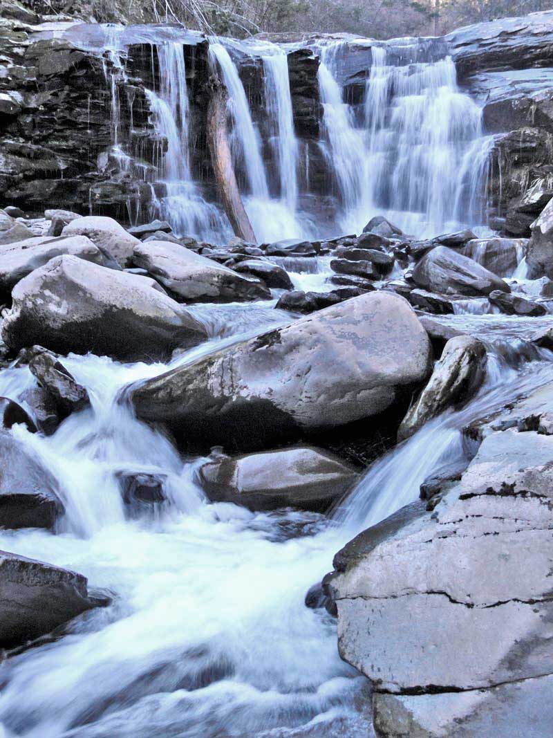 view of the Delmura falls from the base of the falls