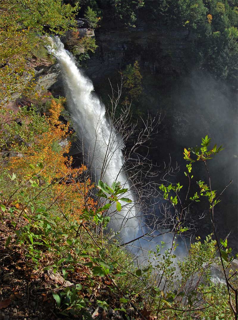 side view of Kaaterskill Falls from the rim of lake creek ravine in the catskill mountains during the fall