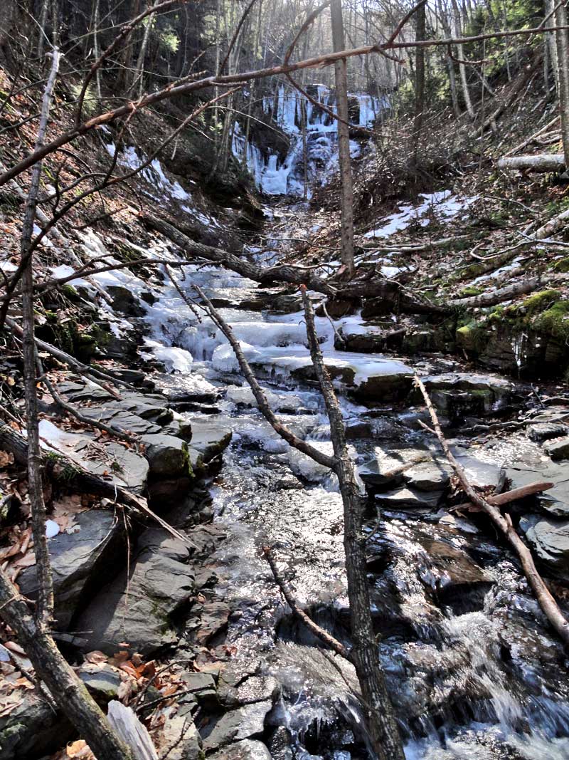 view of Winter Clove Falls from the base of the falls
