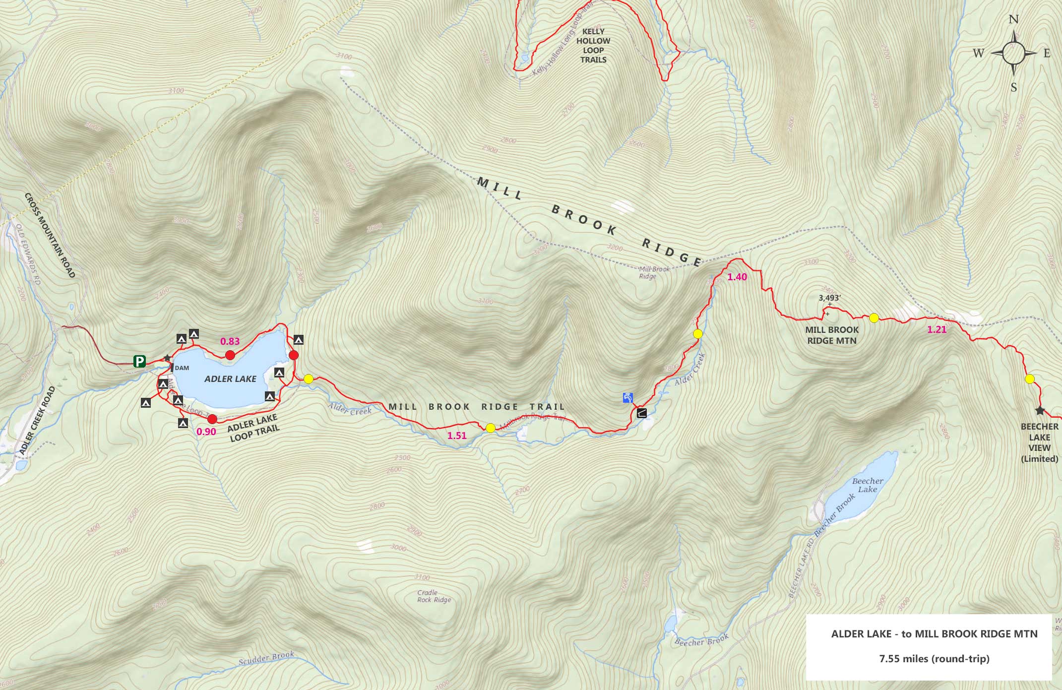 Map of the Alder Lake to Mill Brook Ridge Mountain hike in the Balsam Lake Mountain Wild Forest