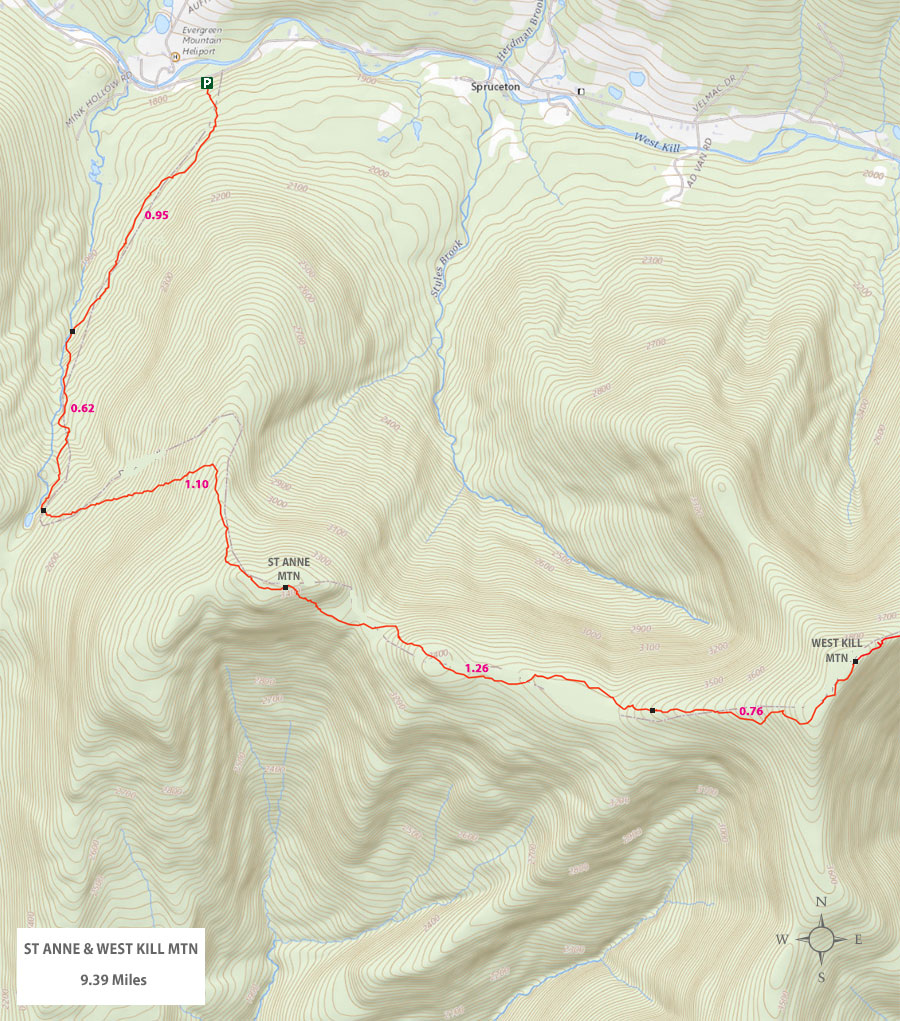 map of St Anne Mountain & West Kill Mountain Trail from West Hunter Trailhead