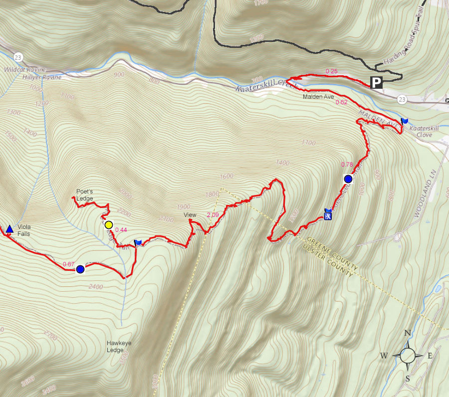 map to Poets Ledge and waterfall hike