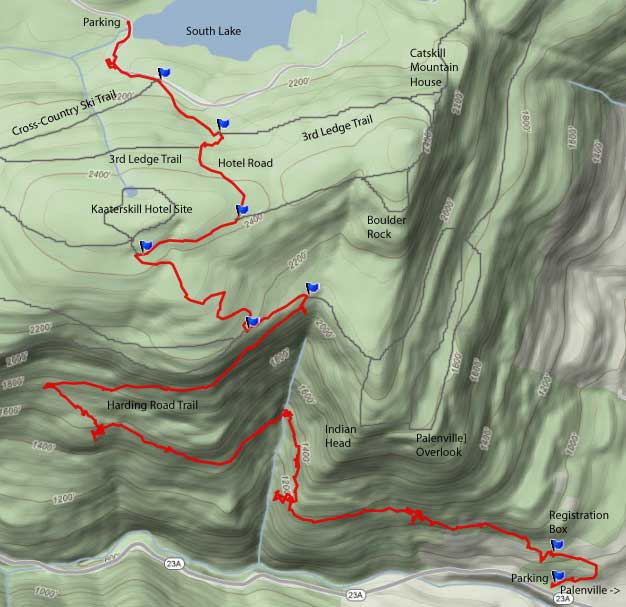 map of the hike of Harding Road Trail in the Kaaterskill Clove in the Catskill Mountains