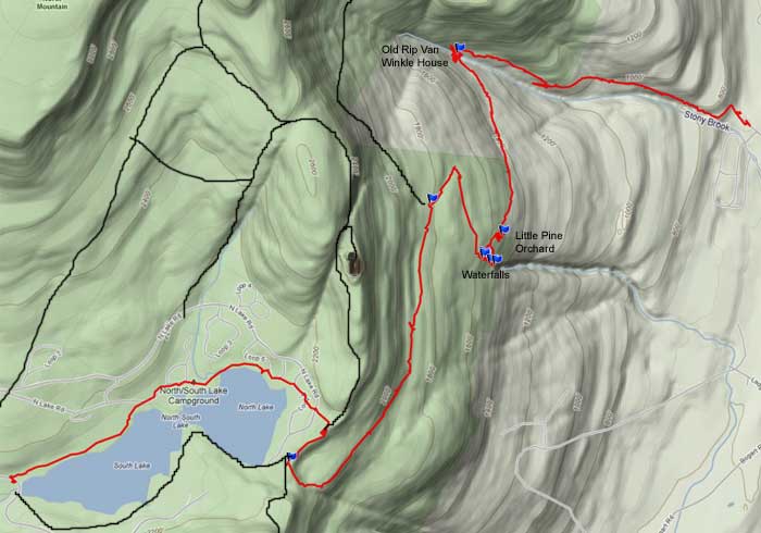 map of the hike of Sleepy Hollow Trail on the Eastern Escarpment in the Catskill Mountains