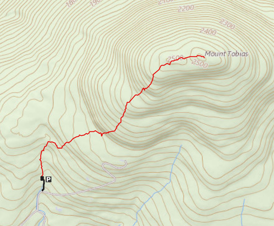 Map of bushwhack to the summit of Mt Tobias