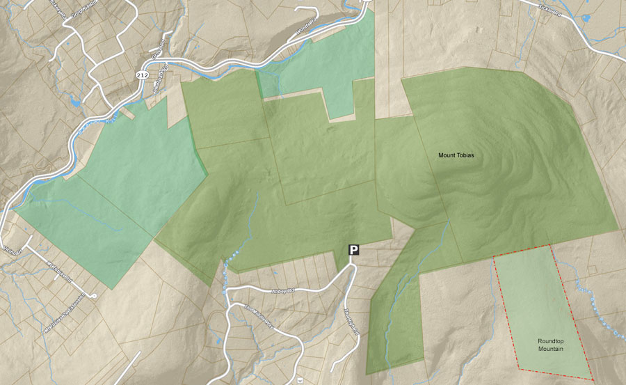 Map of private property around Mt Tobias and Roundtop Mountains