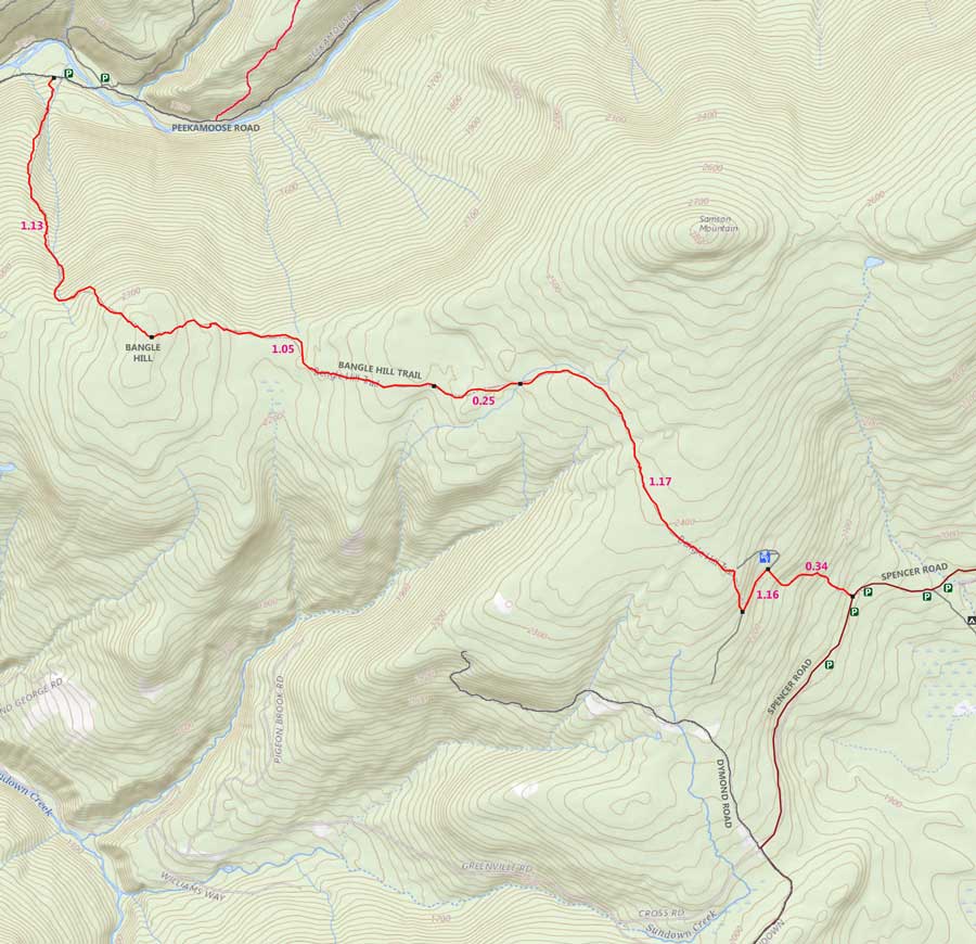 map of Bangle Hill Trail from Spencer Road in the Sundown Wild Forest