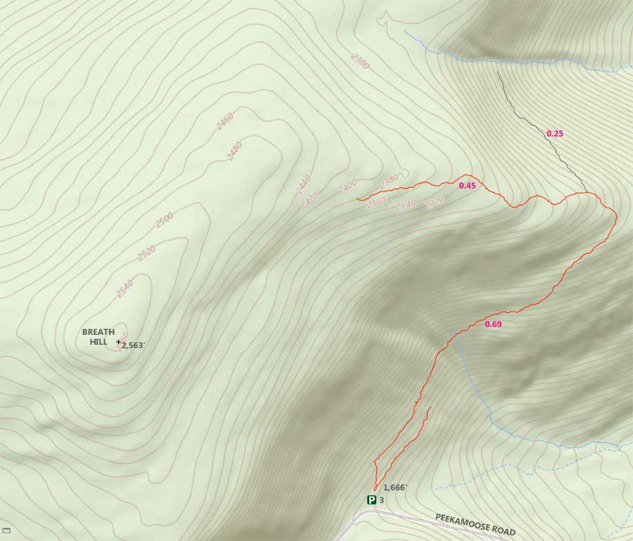 map of Breath Hill Trail from Peekamoose Road in the Sundown Wild Forest