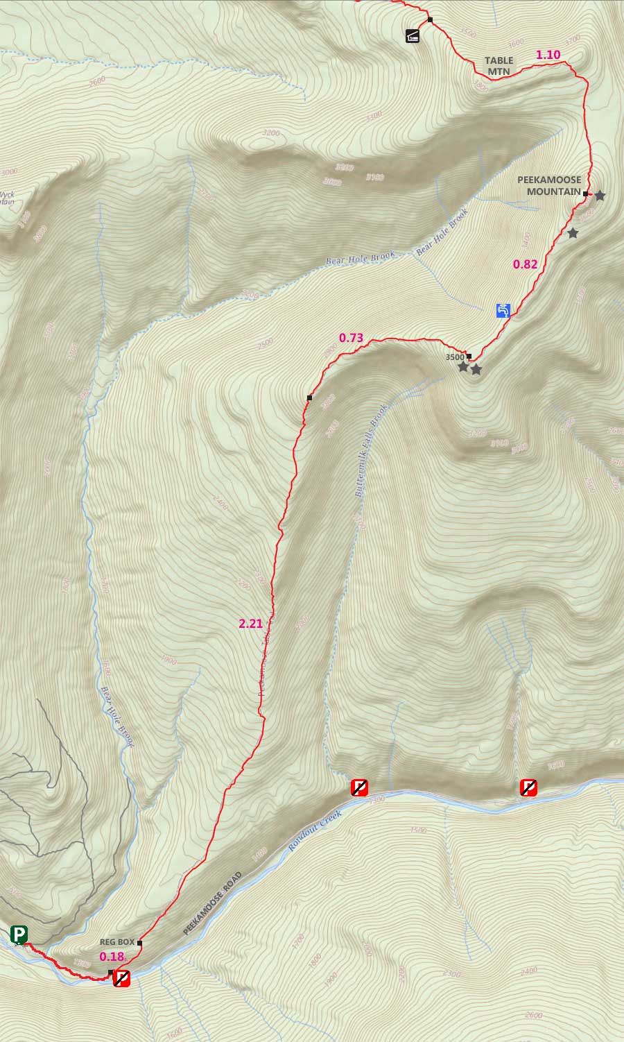 map of Peekamoose Table Trail from Peekamoose Road in the Sundown Wild Forest