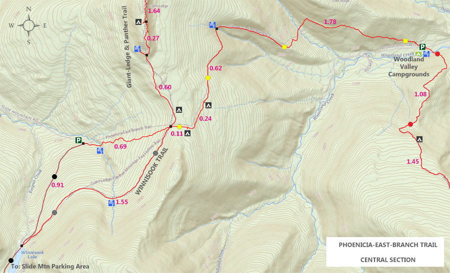 map of central section of phoenicia east branch trail