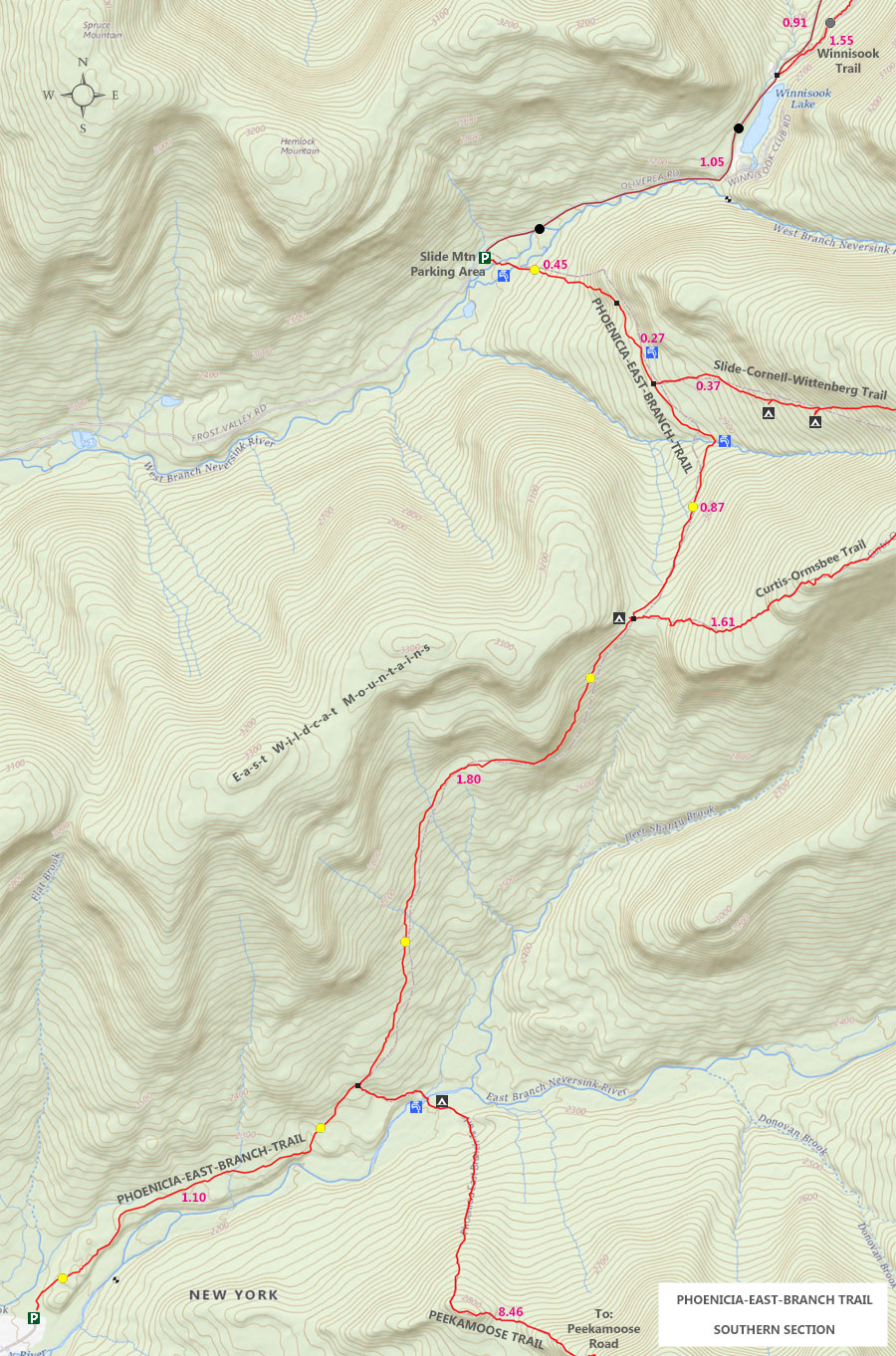 map of southern section of Phoenicia East Branch Trail