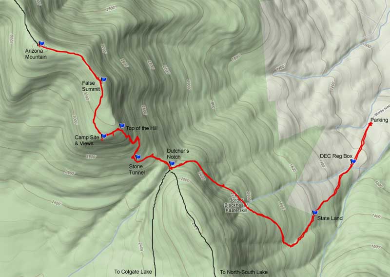topo map of hike from round top to dutchers notch to arizona mountain