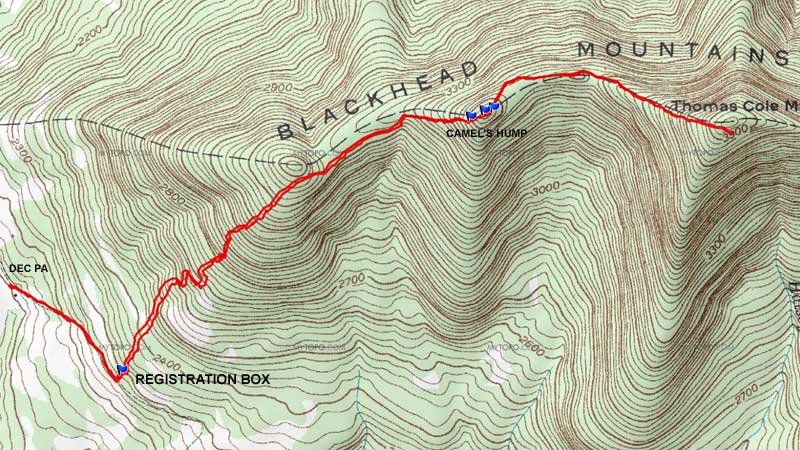 map of camels hump and thomas cole mountain in the blackhead mountain range in the Catskill Mountains
