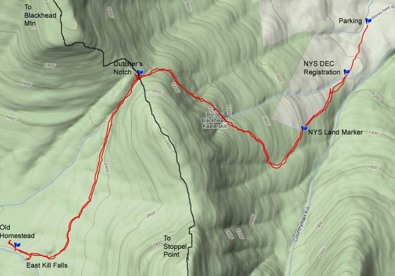 topo map of hike from round top to dutchers notch to east kill falls