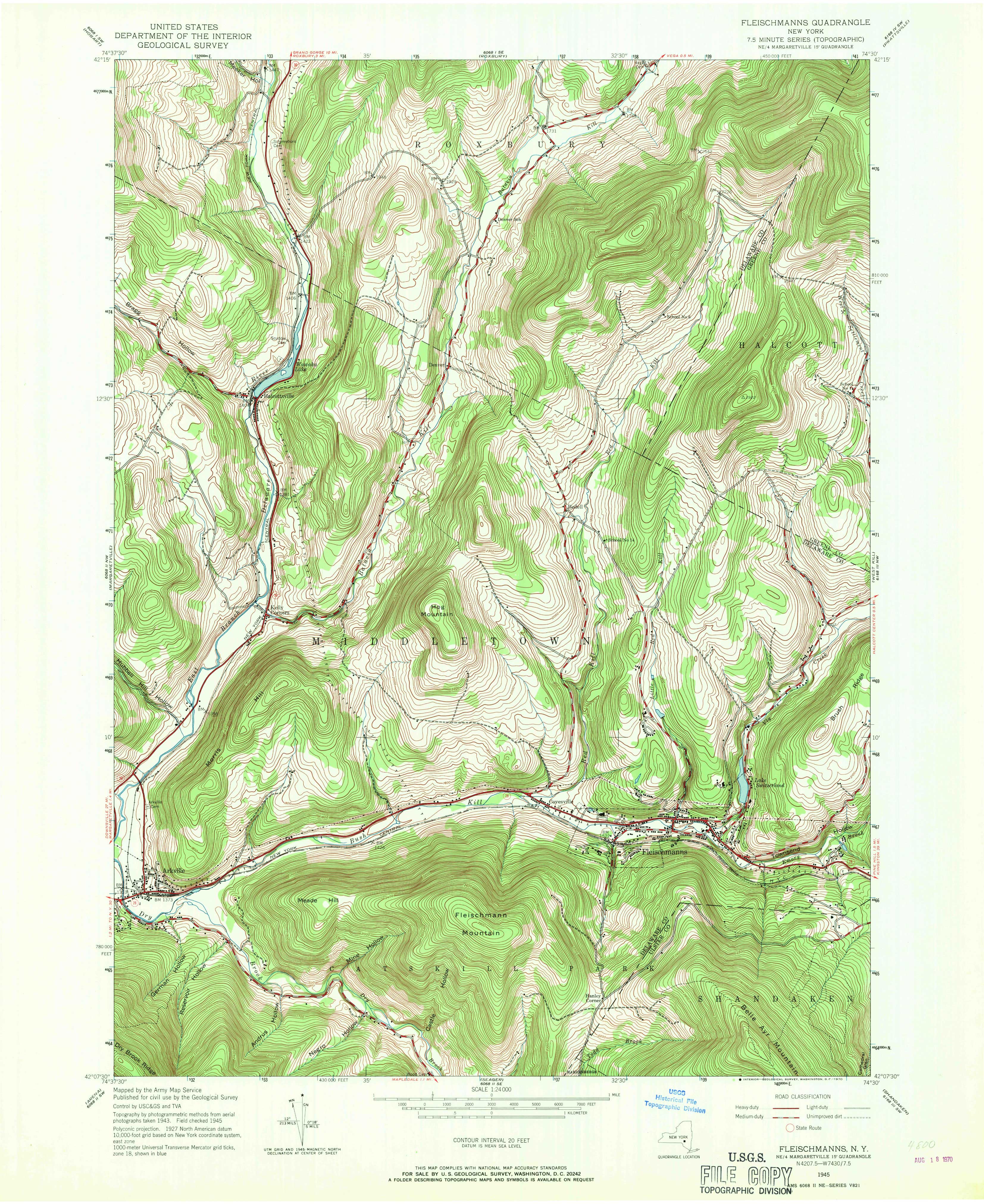 1945 USGS topographical map of Fleischmanns