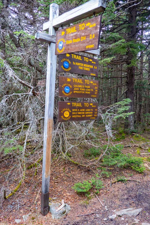 DEC trail sign on the south side of the summit of Hunter Mountain