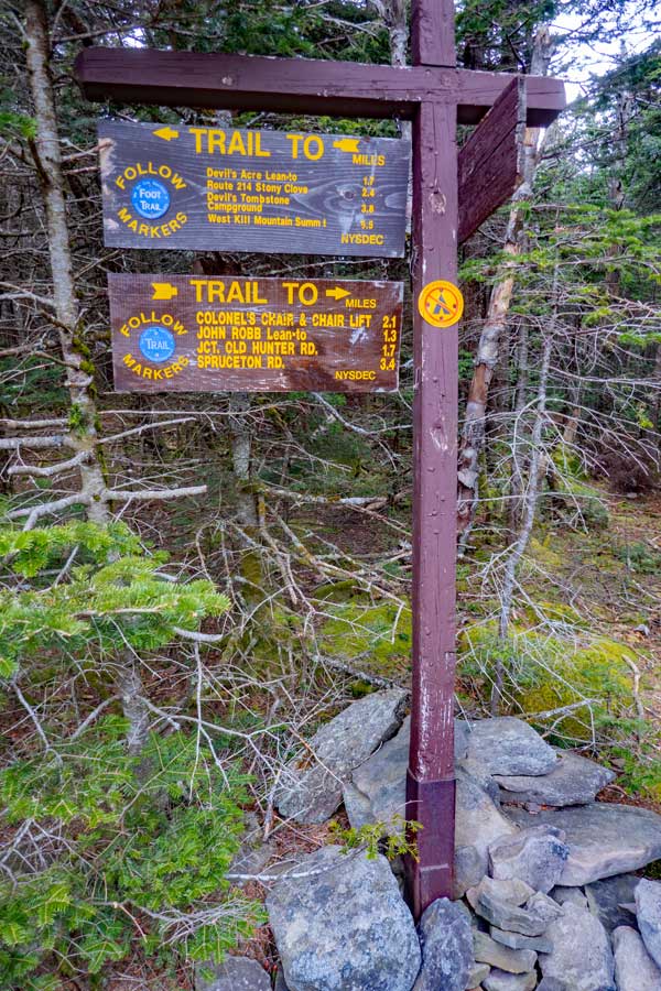 DEC trail sign on the summit region of Hunter Mountain