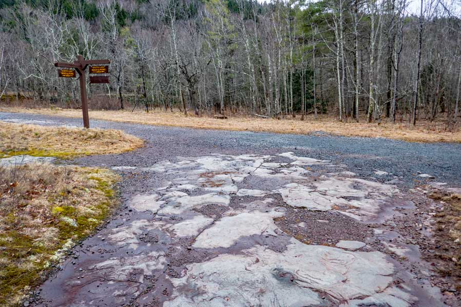 trail junction to the Catskill Mountain House on the Escarpment Trail in the Catskill mountains