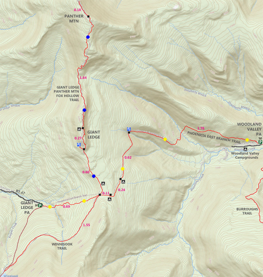 map of Giant Ledge & Panther Mountain Trail from Woodland Valley in the Slide Mountain Wilderness