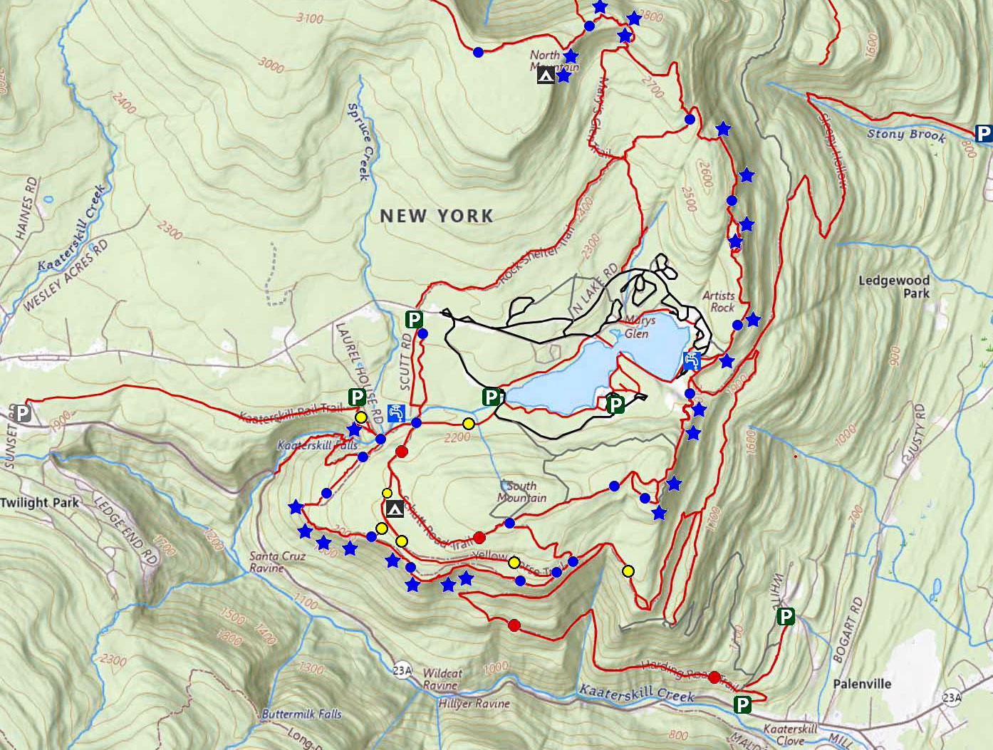 gps map of hike to escarpment trail around north-south lake
